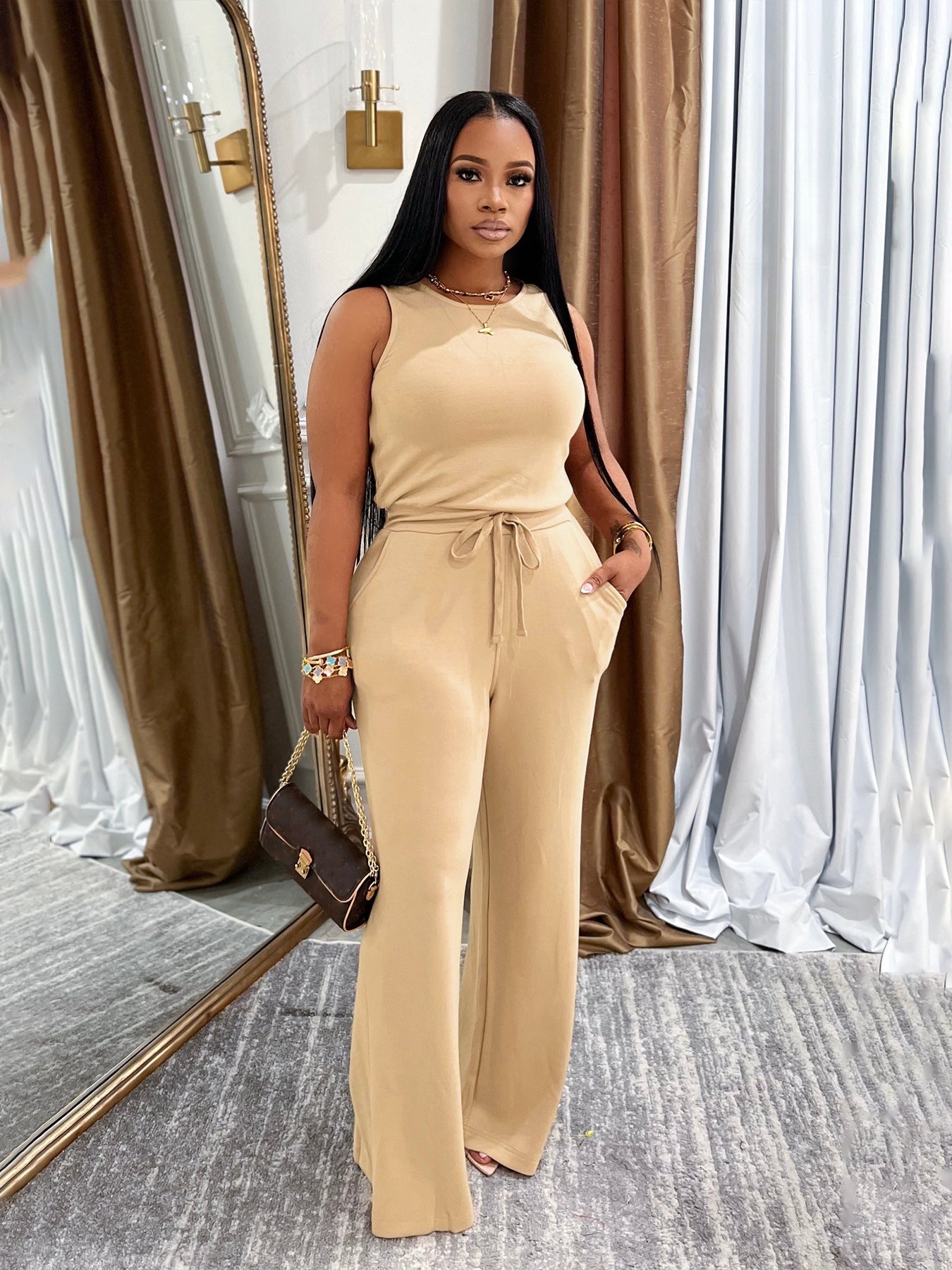 Summer fashion  Casual women's sleeveless lace-up solid color Jumpsuit 5