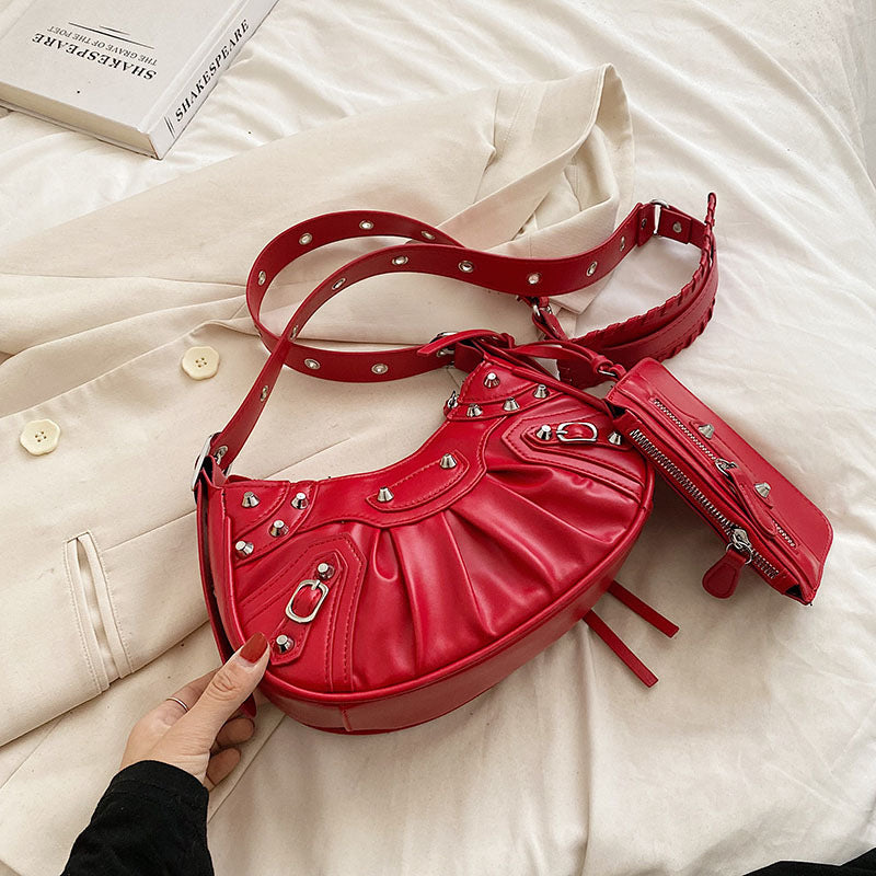 Diagonal pleated single shoulder women's retro rivet bag 39