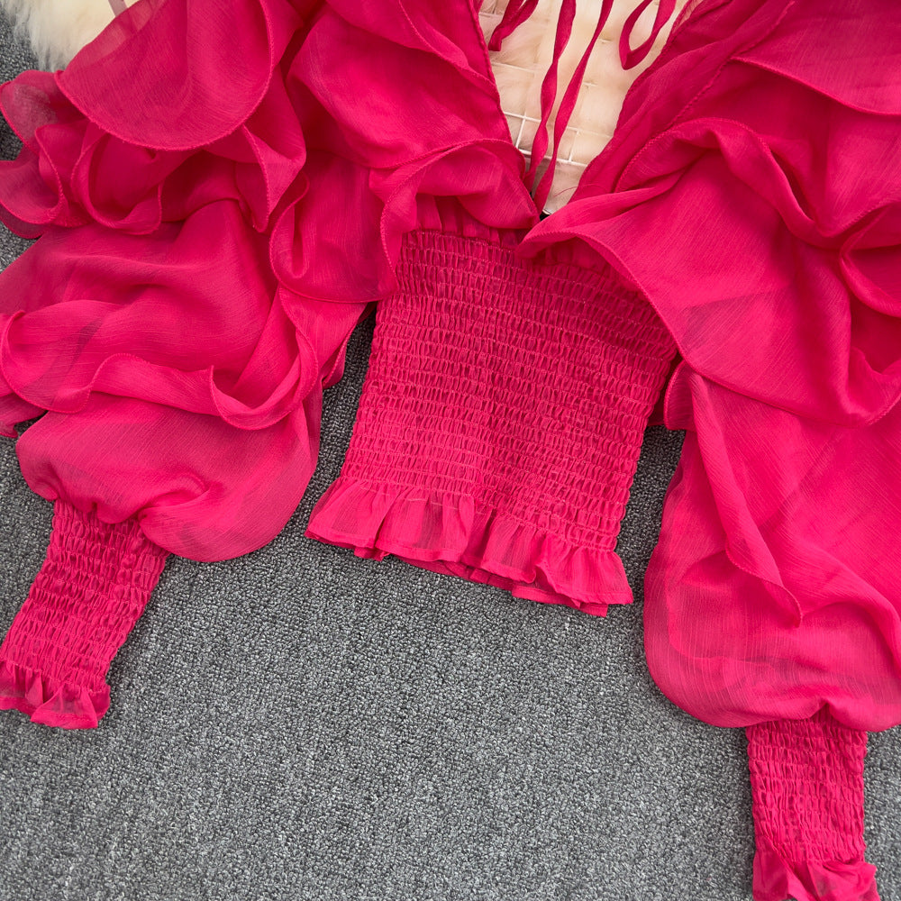 Spring Sexy Deep V-Neck Ruffled Slim Waist Lantern Sleeve Chiffon Shirt 15