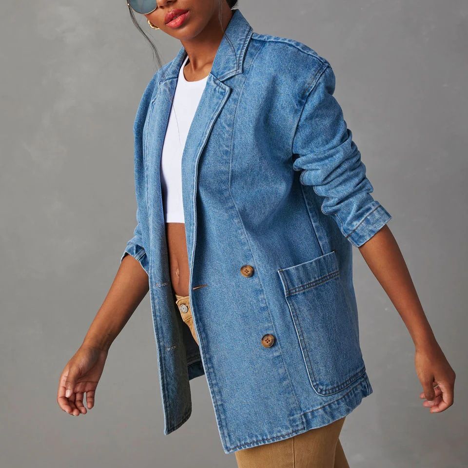 Fashionable Casual Washed Blue Denim Women's Blazer 4