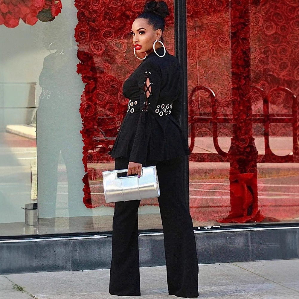 Elegant Career Slim Waist Lace-Up Decor Blazer Two-Piece Set 6