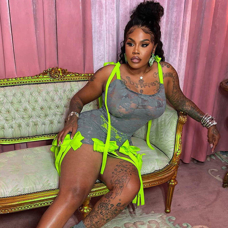 Women sexy See-Through hollow jacquard Lace tie dress 7