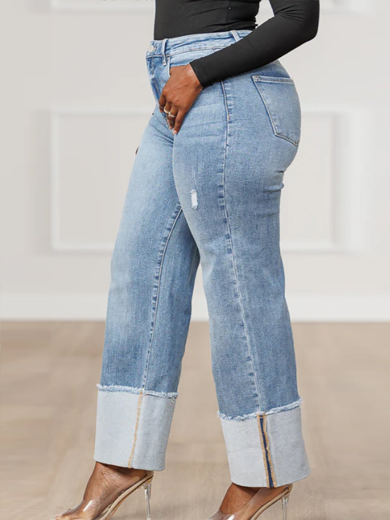 Autumn Winter Women's Solid Color Washed Trousers Folded Legs Long Denim Pants 5