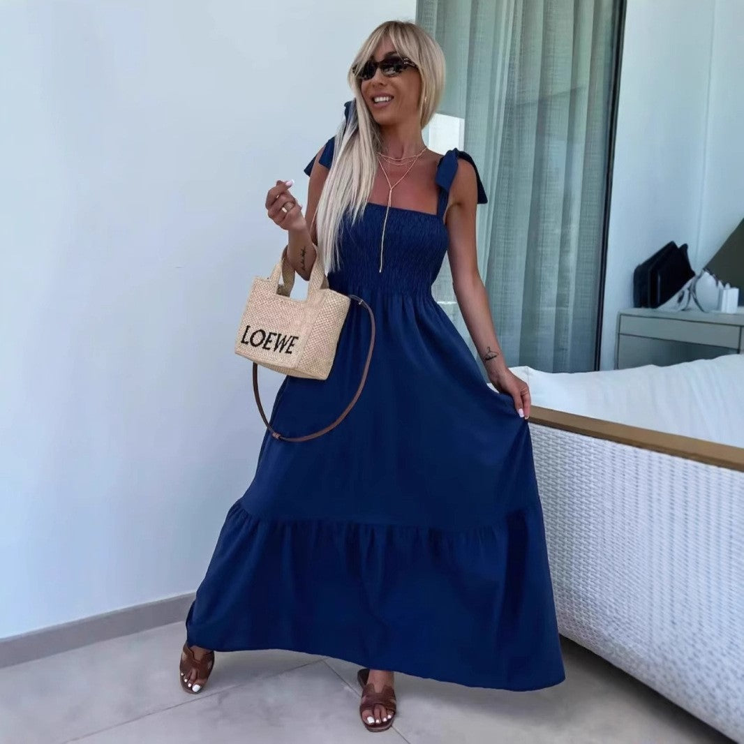 Women strapless off-the-shoulder lace-up denim dress