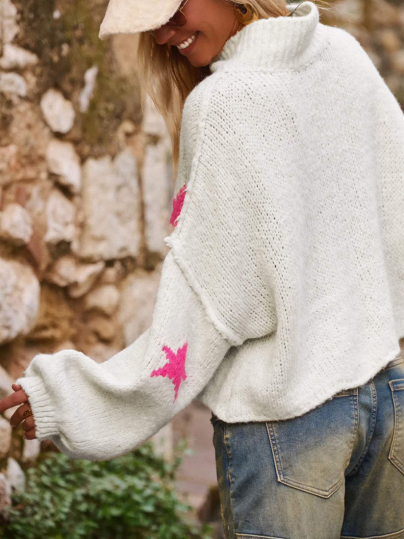 Women's Autumn Winter Casual Loose High Neck Pullover Long Sleeve Star Pattern Knitting Sweater 6