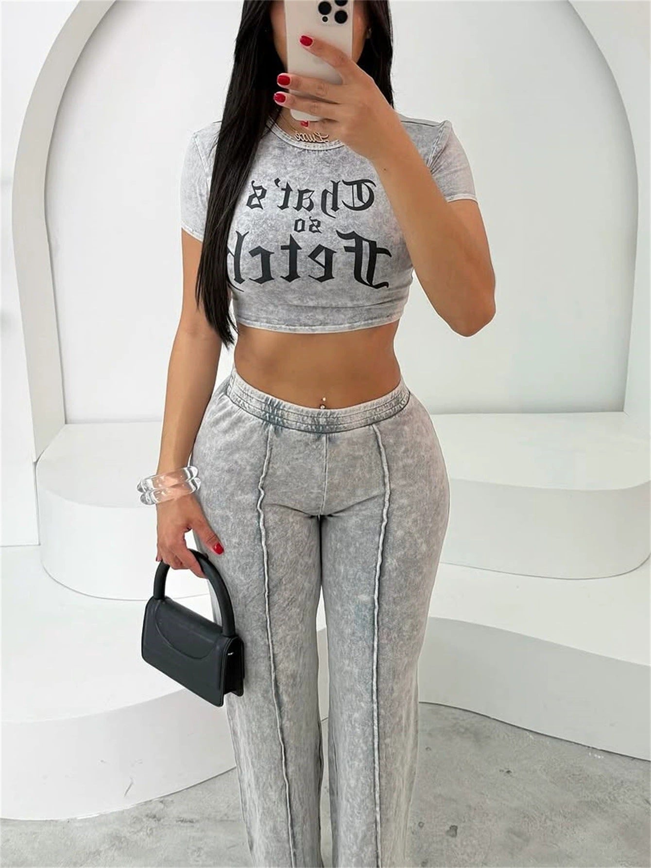 Women High Street Hiphop Print Short Short Sleeve Top Straight Pants Set 3