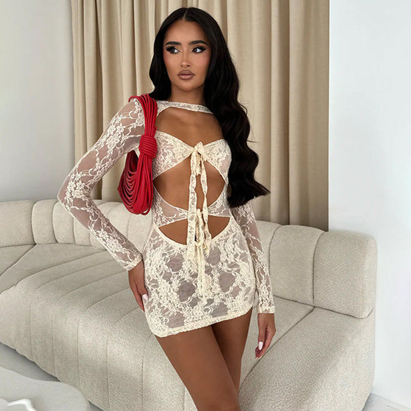 Sexy Slim Waist Lace Long Sleeve Low-Back Bodycon Dress