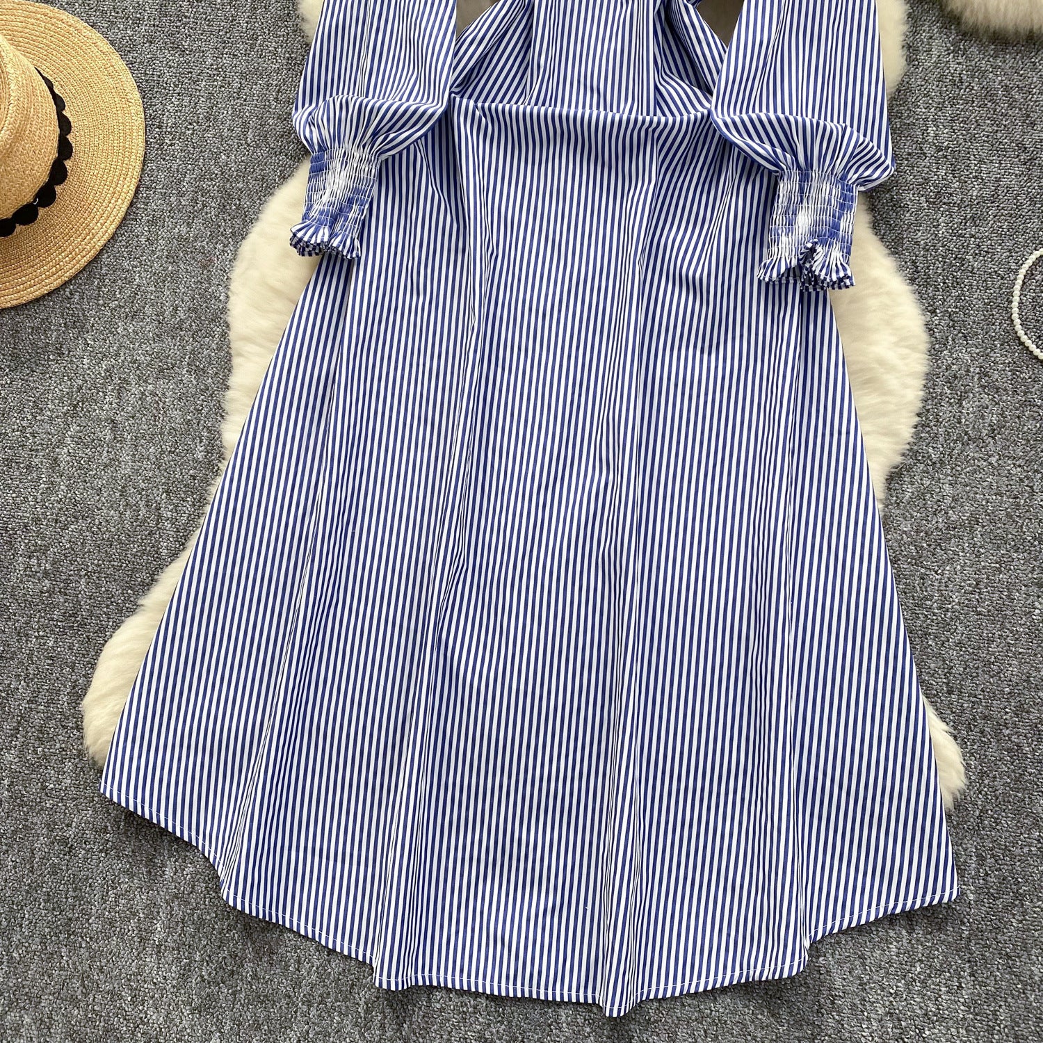 Chic Trendy Long Sleeve Single Button Casual Striped Shirt Dress 7