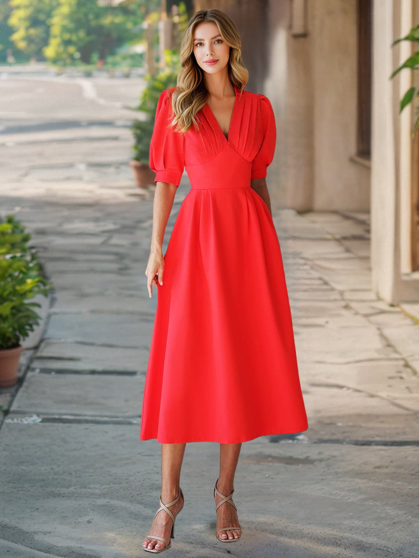 Summer solid color v-neck lantern sleeve slim dress 5