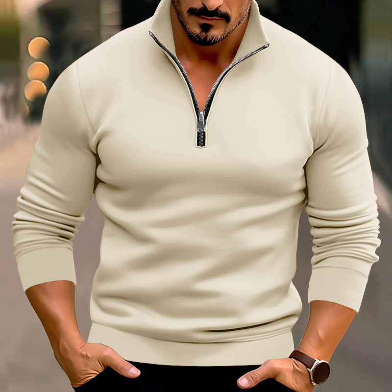 Spring And Winter Men's Casual Solid Color Long-Sleeved Zip Stand Collar T-Shirt Tops For Men 21