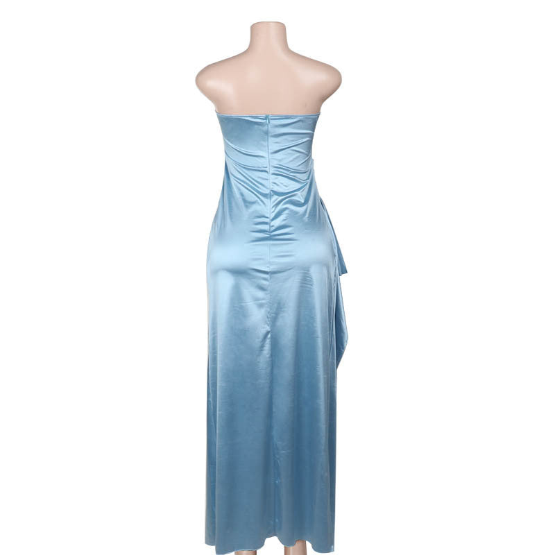 Summer Fashion Sexy Strapless Elastic Pleated Slit Dress 8
