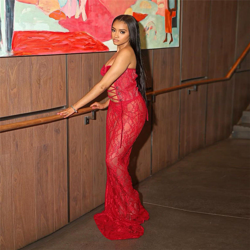 Women Sexy Strapless Lace-Up Lace See-Through Patchwork Bodycon Dress 3