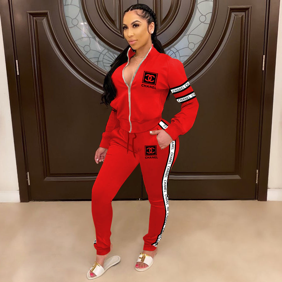 Women's Winter Chic Trendy Print Pants Long Sleeve Zipper Coat Set 4