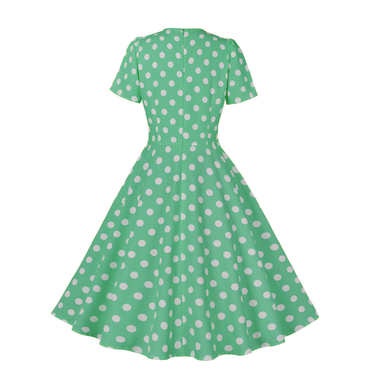 Women Round Neck Bow Tie Polka Dot Short Sleeve Dress 29