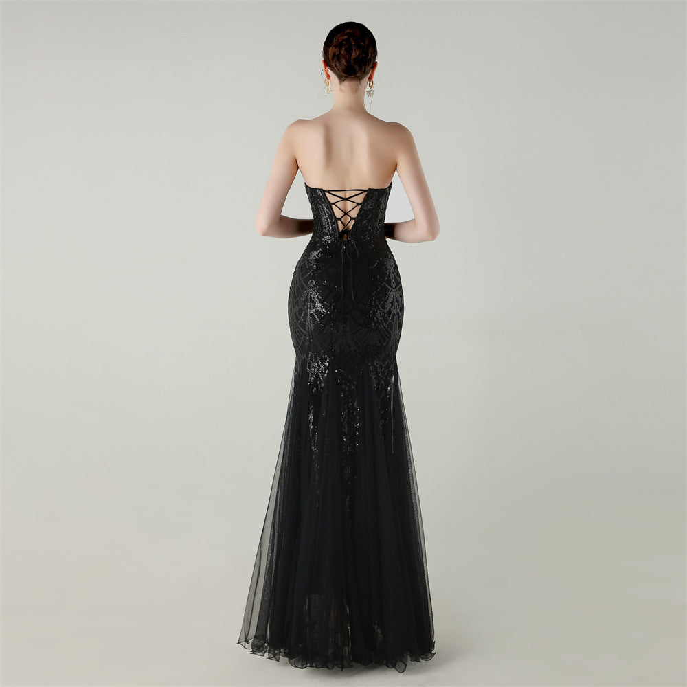 Women Strapless cross Lace-Up sequined tube flower sequined mesh evening dress Formal Party evening dress 62