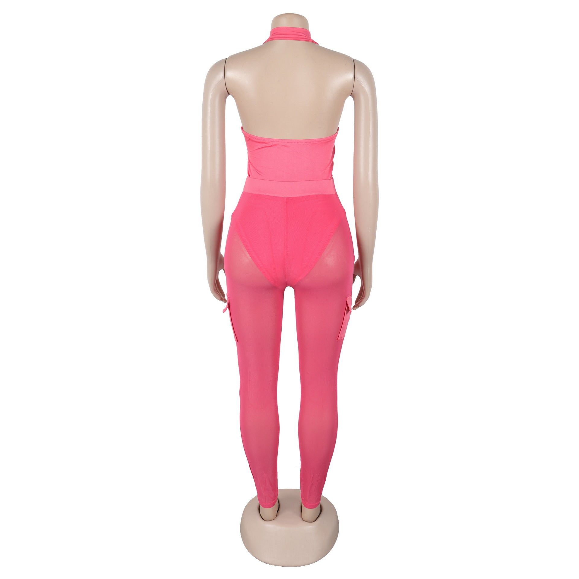 Summer Deep V-Neck Sleeveless Tight-Fitting Bodysuit Pocket Mesh Pants Set 36