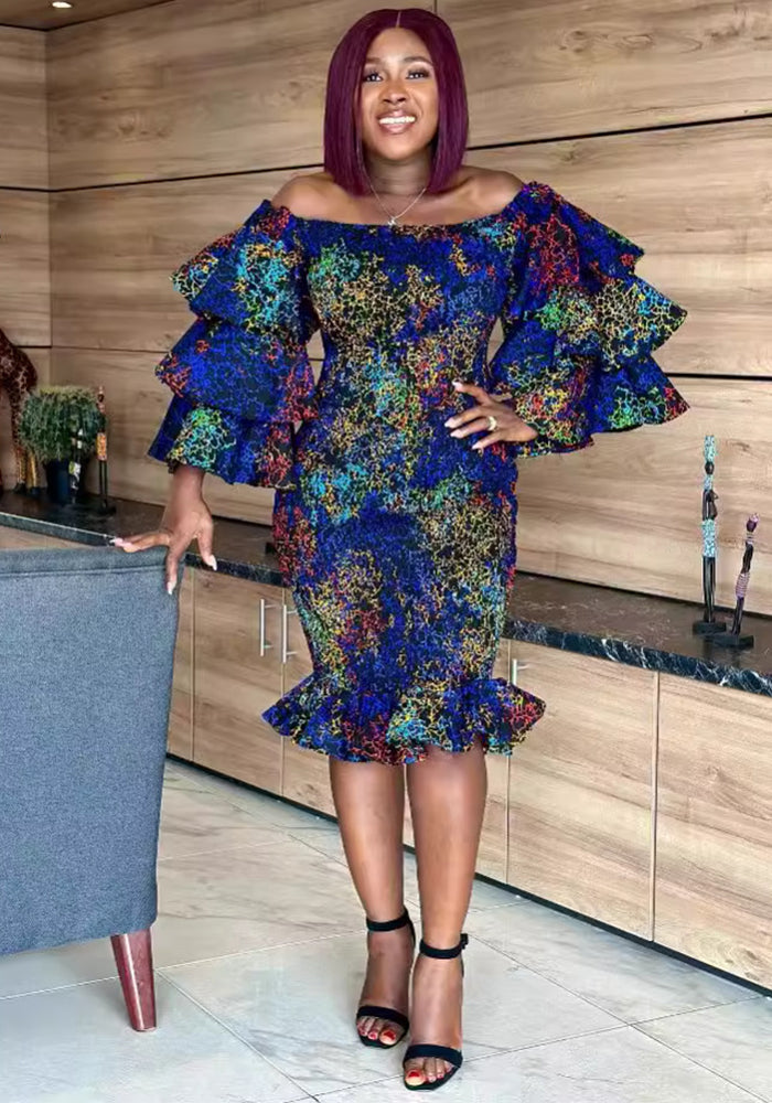 Sexy Off Shoulder Printed Stretch Ruffle Bodycon Dress