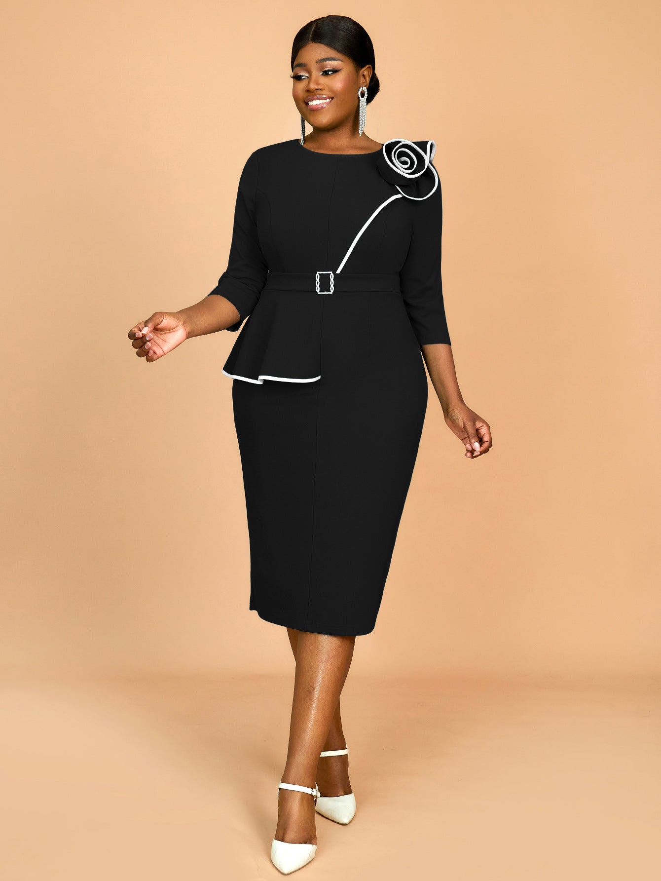 Plus-Size Contrast Flower Ruffle Sleeve Elegant Chic Formal Party Dress 31