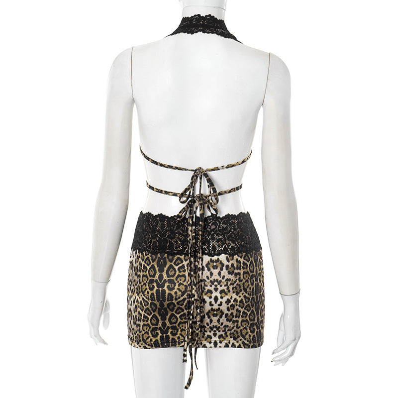 Women Leopard Print Lace Patchwork Backless Bodycon Dress 9