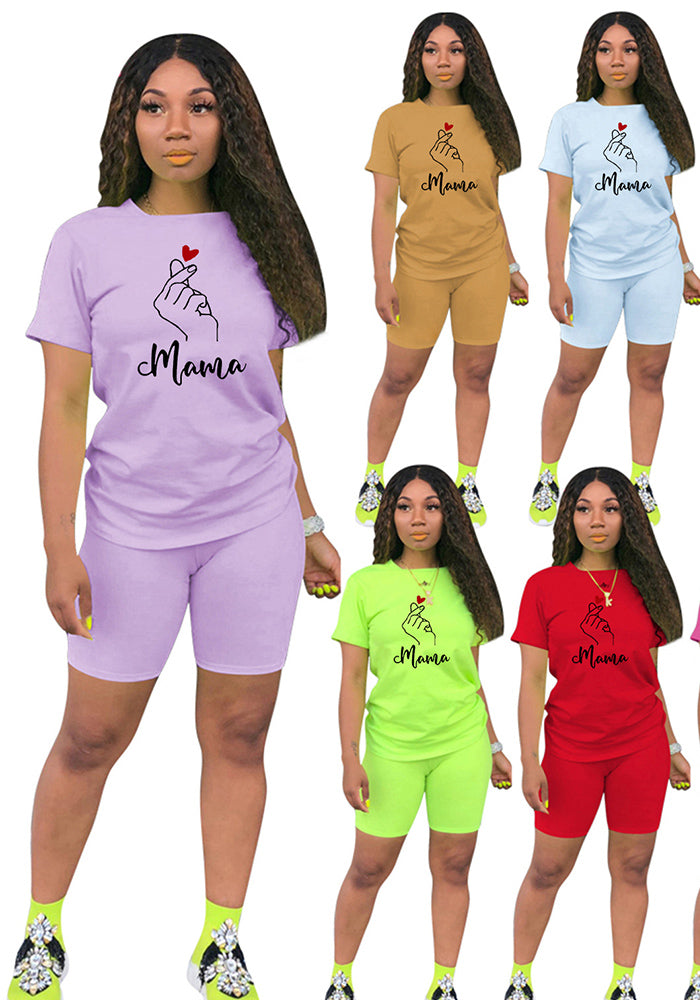 Women's Mother's Day print sports two-piece shorts set