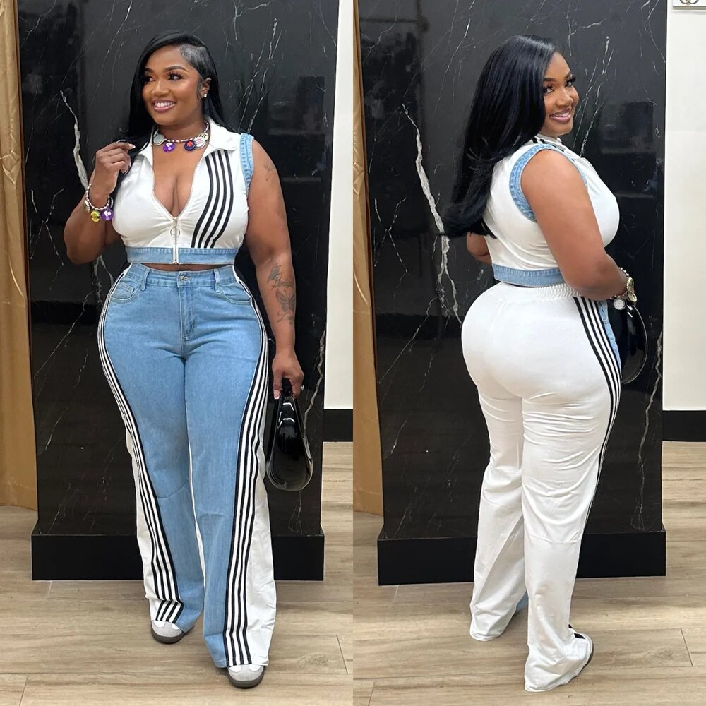 Women casual webbing patchwork top and denim wide-leg pants two-piece set 5