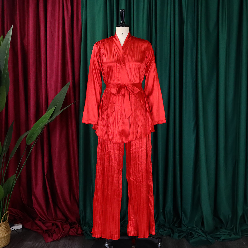 Women's Solid Color Pleated Loose Long Sleeve Lace-Up Shirt-Pants Two-Piece Set 15