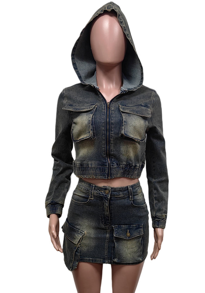 Denim Suit Stretch Denim Hooded Jacket Skirt Two Piece Set 3