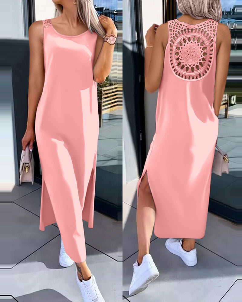 Solid Color Short-Sleeved Slit Casual Long Dress 4