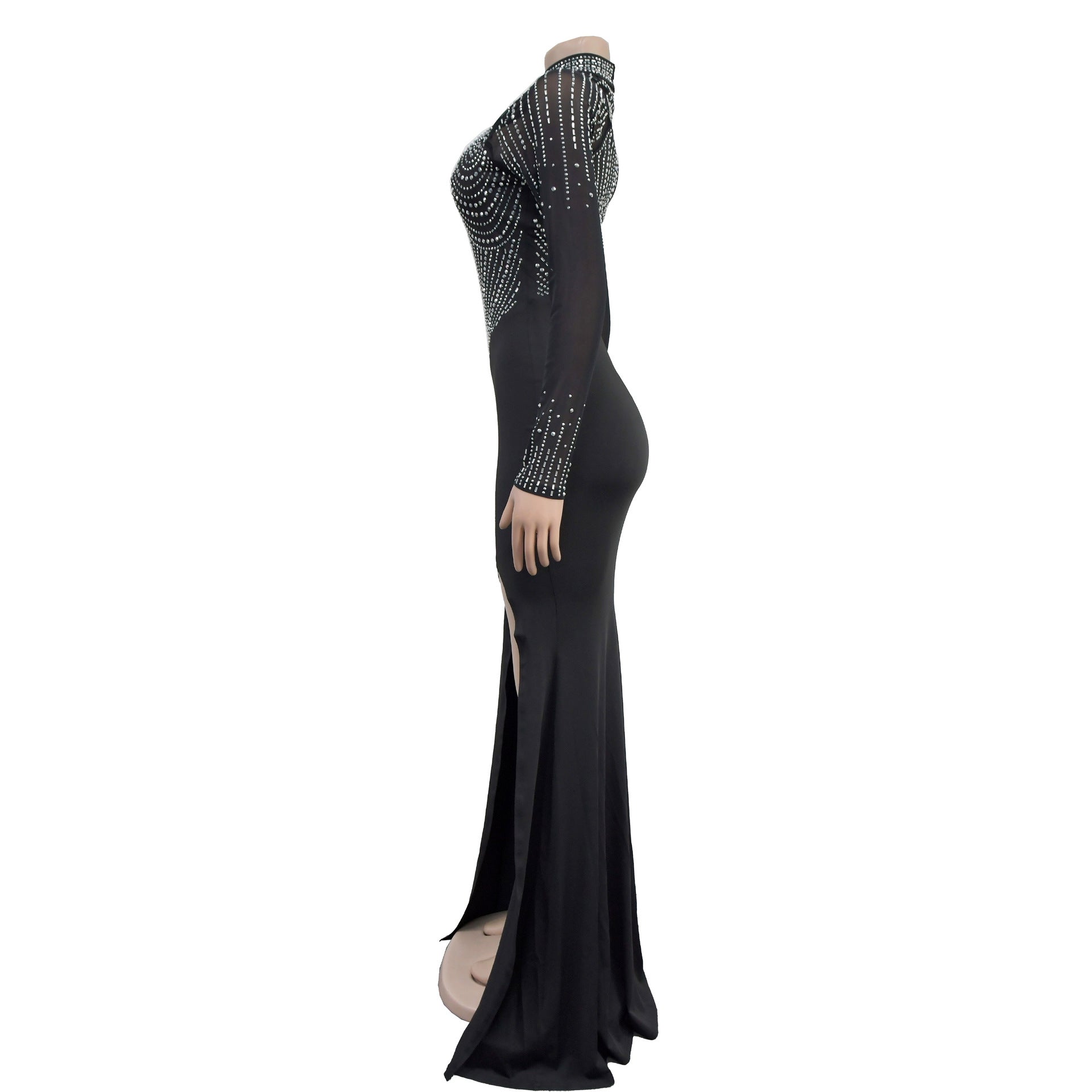 Fashion Women Beaded See Through Mesh Slit Long Dress 7