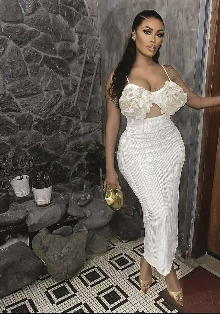 Women Soid Strapless Sling Sexy Hollow Dress