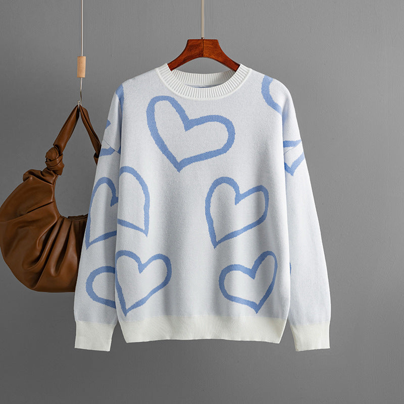 Women Round Neck Heart Print Contrast Sweater 14