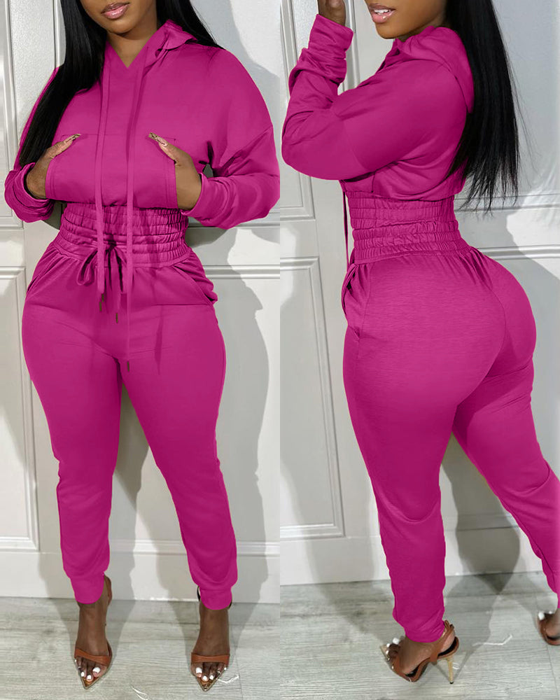 Women's Solid Color Elastic Waist Hooded Jogging Suit 4