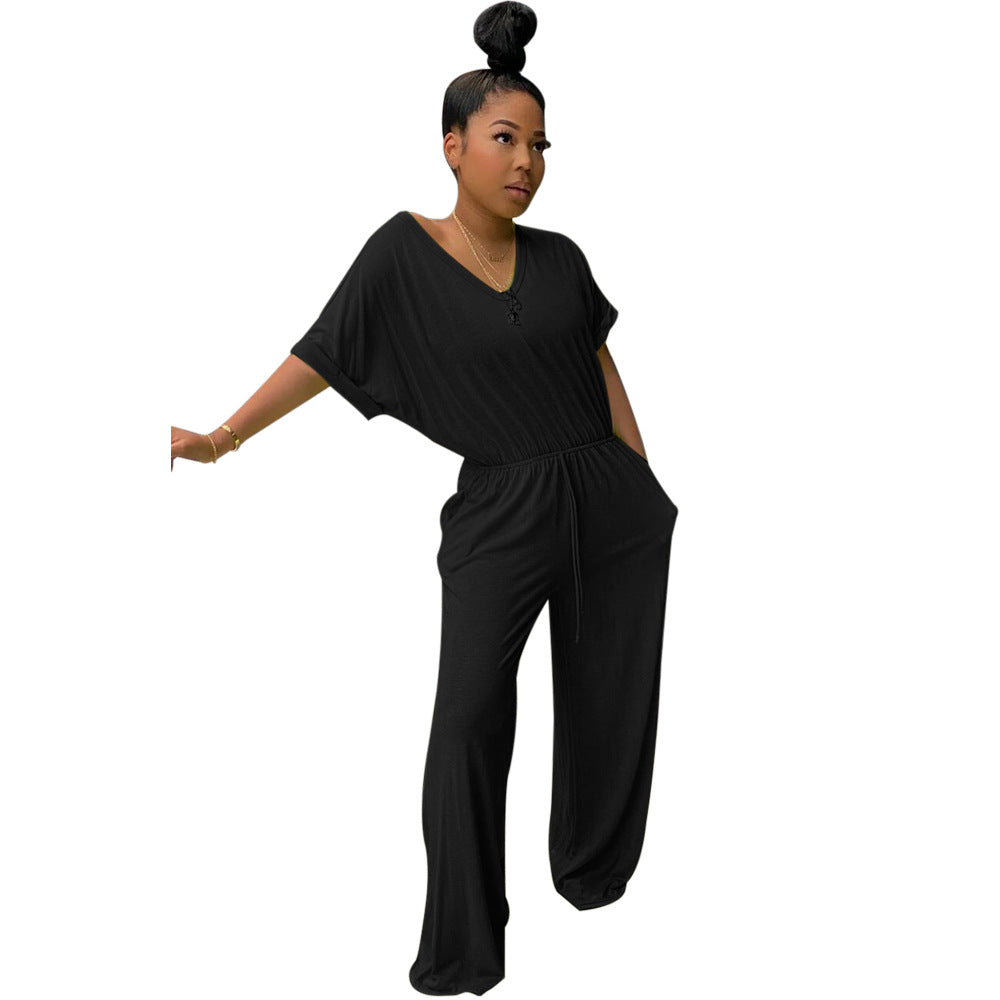 Sexy Women's Loose Casual Solid Color V-Neck Women's Jumpsuit