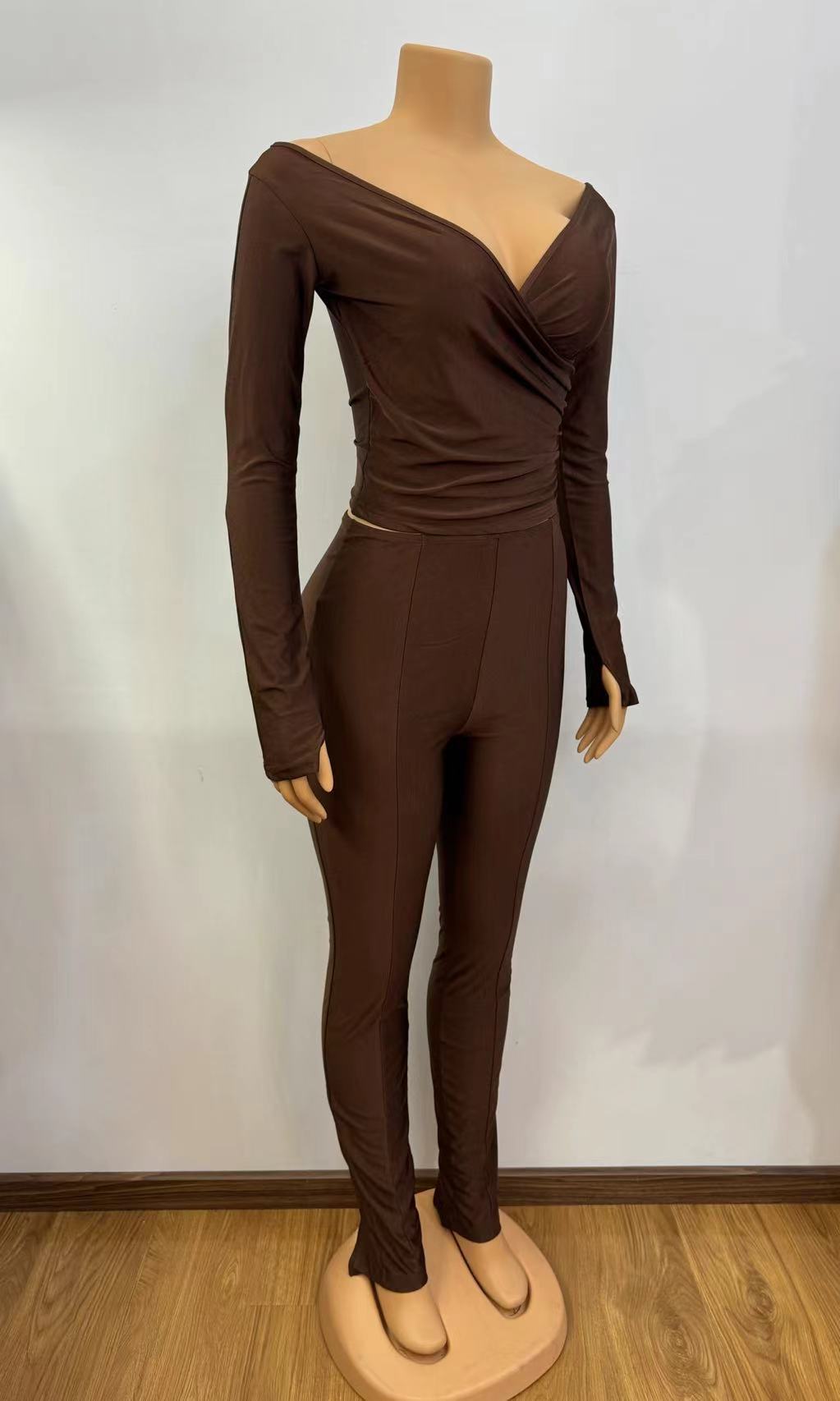 Women Solid v-neck sexy long-sleeved Top And trousers two-piece set 10