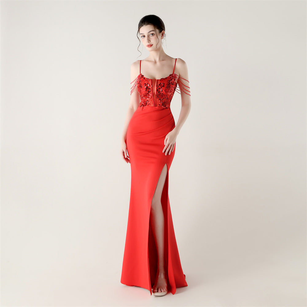 Women Fishbone Lace-Up Formal Formal Party Prom Strappy Sequin Evening Dress 19