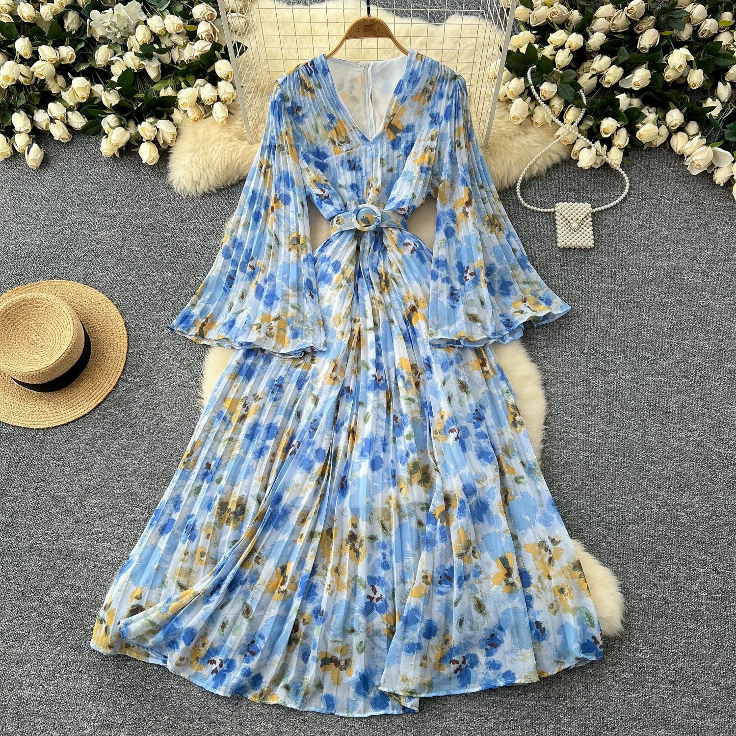 V-Neck Bell Bottom Long Sleeve Print Chiffon Dress Autumn Slim Waist  Chic Knee-Length Dress 12