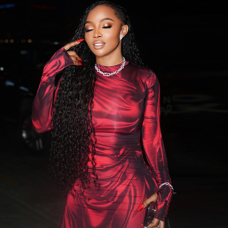 Women Elegant High Neck Long Sleeve Pleated Slit Dress 4