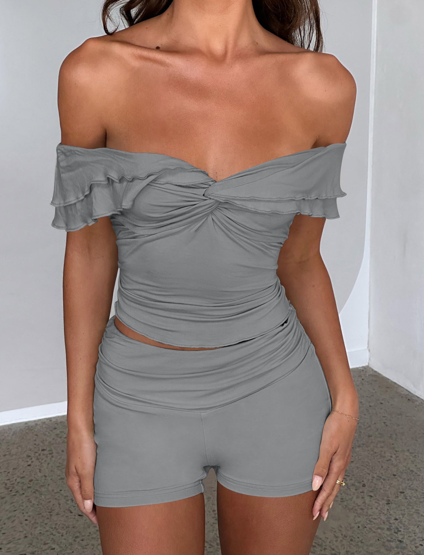 Women Sexy Off-the-Shoulder Top and Shorts Two-piece Set 3