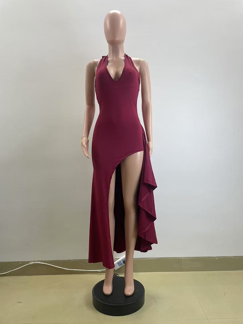 Summer Sexy Fashionable Halter Neck V-Neck Low Back Slit Long Dress 12