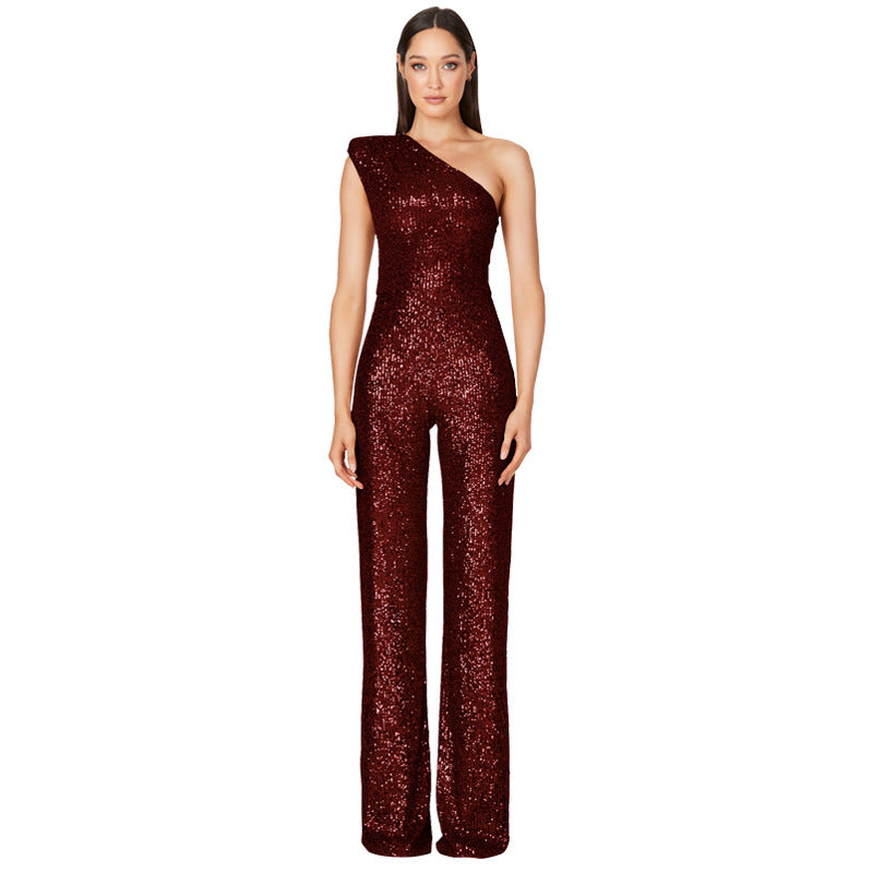 Women's Sleeveless One Shoulder Low Back Sequined Jumpsuit 11