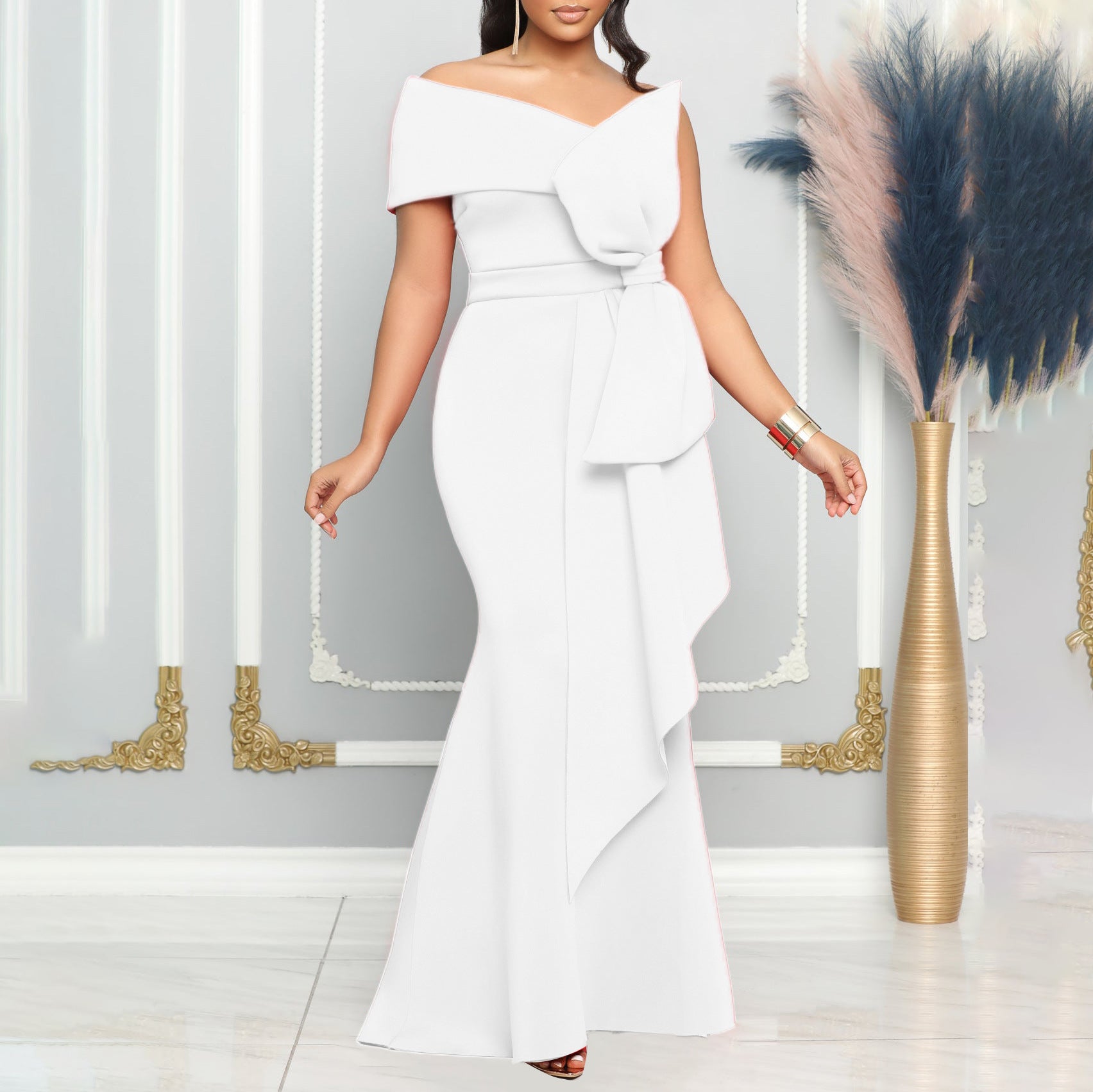 African Women's Fashion Strapless Slash Shoulder Sexy Slim Evening Gown Dress 3