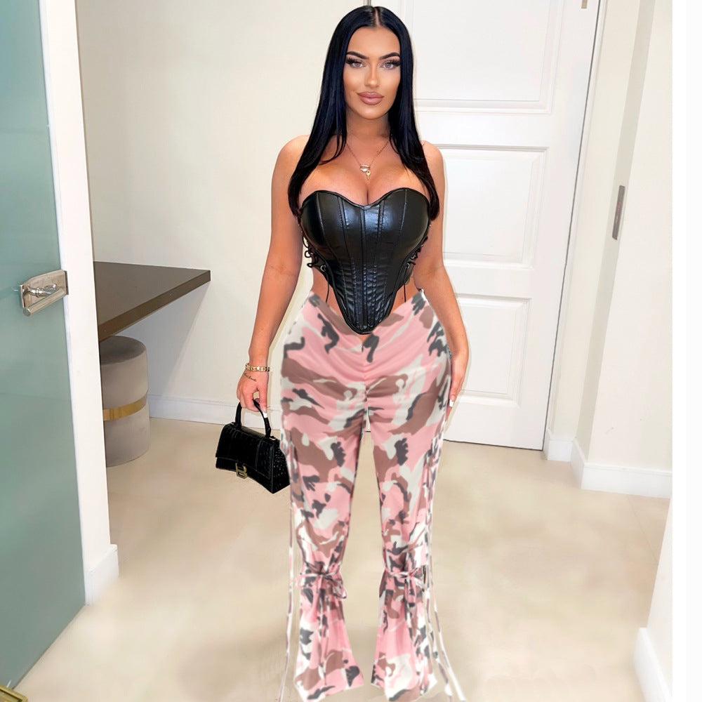 Camouflage pattern pleated strings pants 3