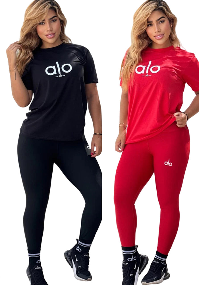 Fashion Cotton Round Neck Short-Sleeve Top & High-Stretch Quick-Dry Yoga Pants Set