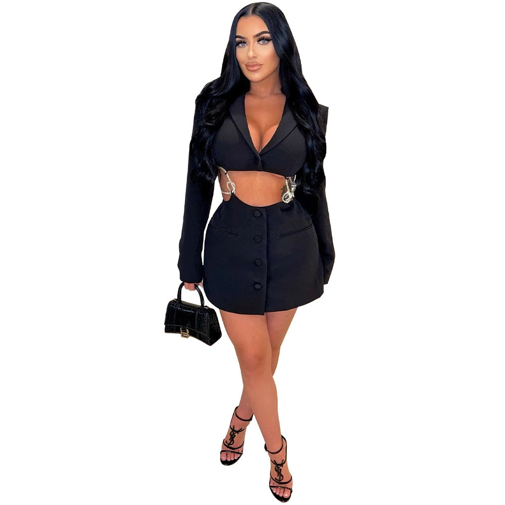 Women Deep V Neck Solid Beaded Chain Dress 7