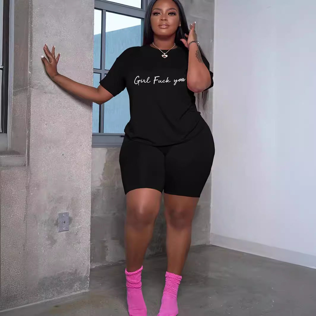 Women's Letter Printed Sports Short-Sleeved Round Neck Casual Two Piece Shorts Set 3