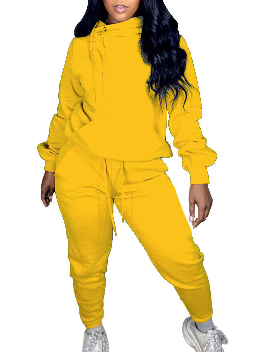 Women Casual Solid Long Sleeve Hooded Top+Pant Two Piece 9