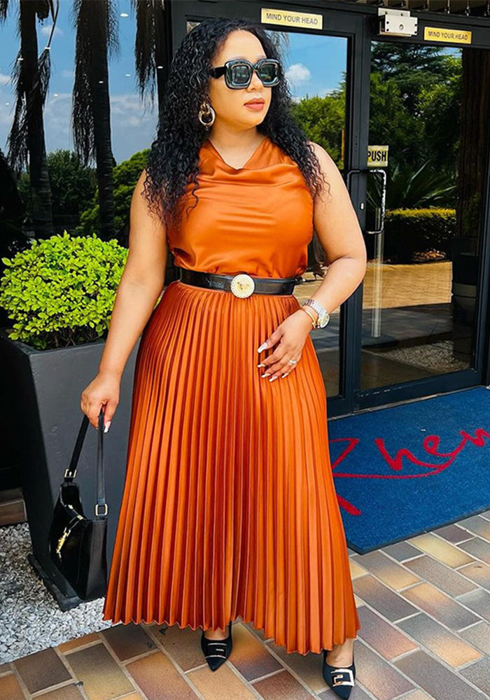 Women Summer Casual Solid Sleeveless Top and Pleated Skirt Casual Two-piece Set