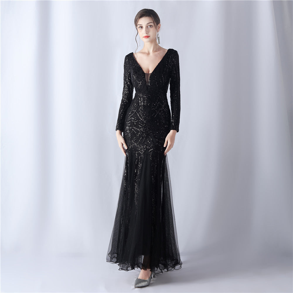 Women mesh sequin wedding dinner long-sleeved evening dress 19