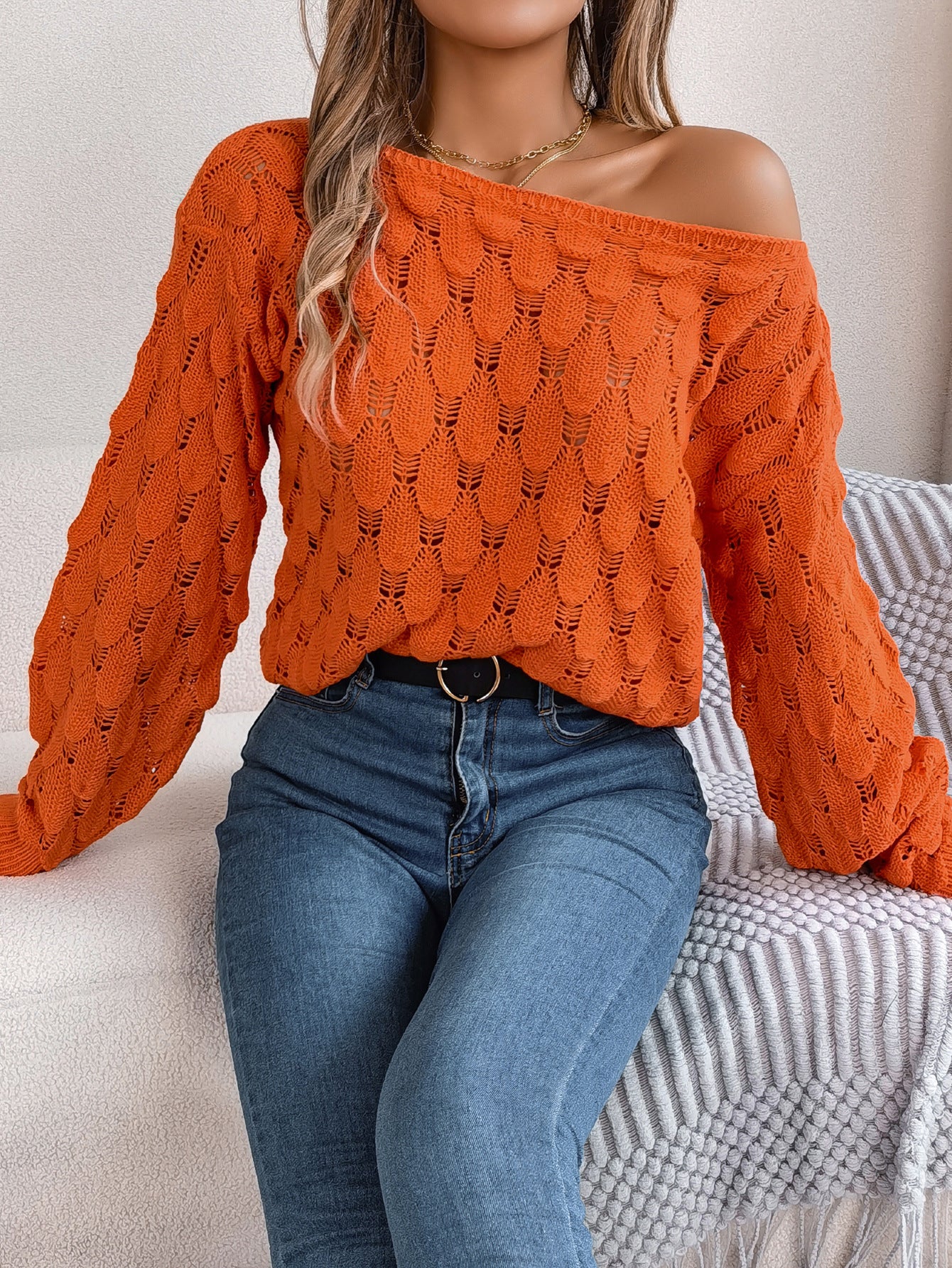 Women Autumn and Winter Casual Feather Hollow Off Shoulder Off-Shoulder Balloon Sleeve Sweater 15