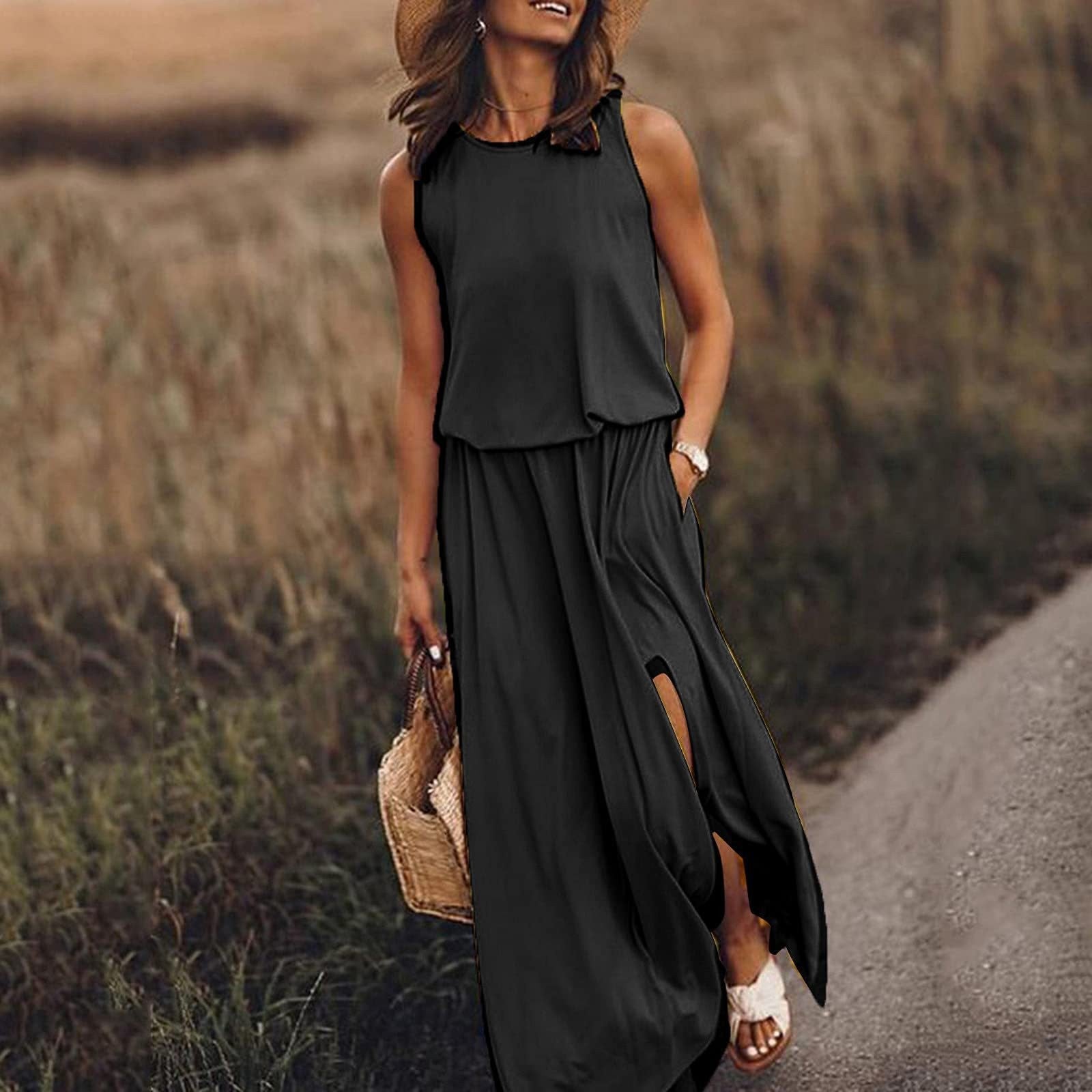 Summer Women's Trendy Retro Round Neck Sleeveless Slit Solid Color Casual Dress 8